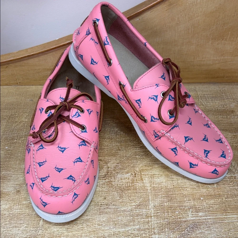 Froats Vibrant Pink‎ Boat Shoes with Blue Fish Pattern